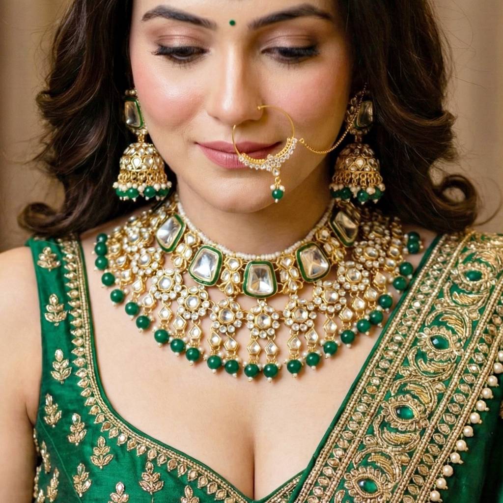 18 Kt Gold Plated Bridal & Semi-Bridal Necklace Set With Earrings, Maang Tikka & Nath : 2476-M8SK-1101-G