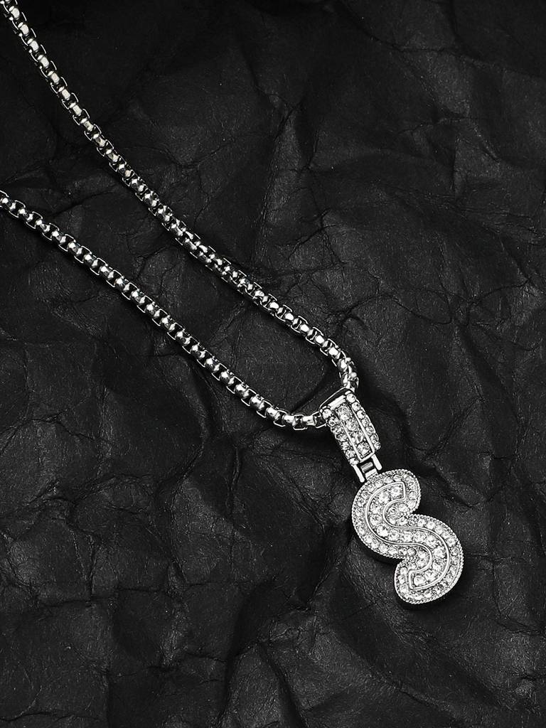 Men'S Embellished Alphabet Pendant Necklace - Silver : FANC1071-S