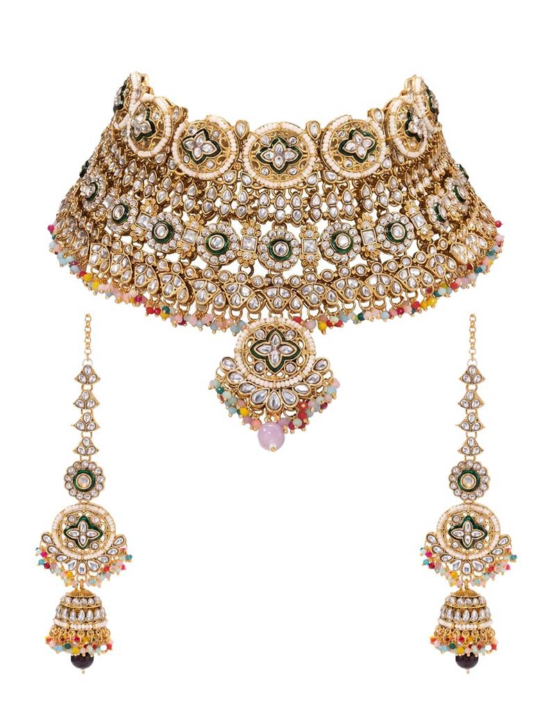 Gold Plated Ethnic Necklace Earrings Set For Women | Kundan & Beads Studded | Festive & Bridal Maharani Jewellery : PF108N02ML
