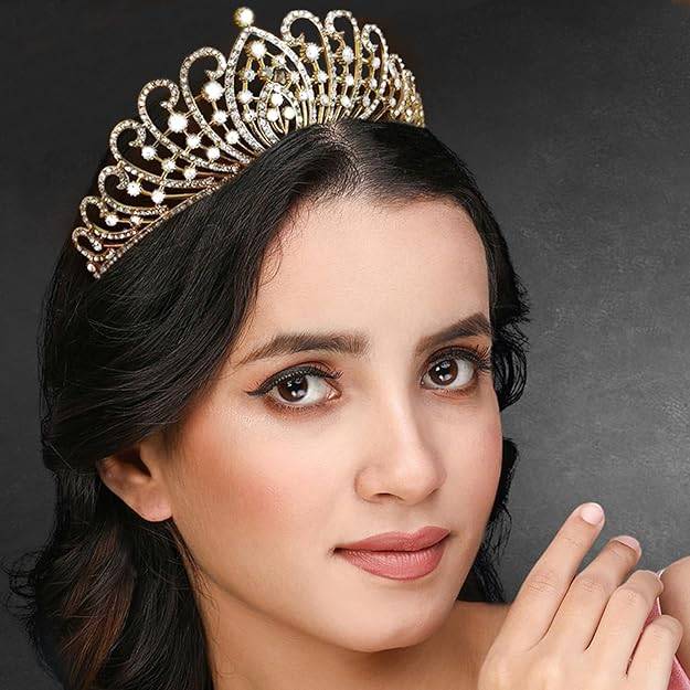 Gold Plated Cubic Zirconia Studded Princess Tiara Crown For Girls & Women Birthday Hair Accessories : PX9CW16G