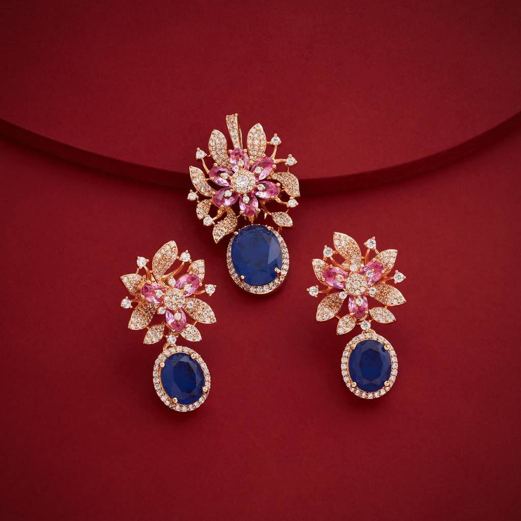 Pnk Gld Ros - Plated Party Wear Zircon Pendant Set - 470861 : 470862