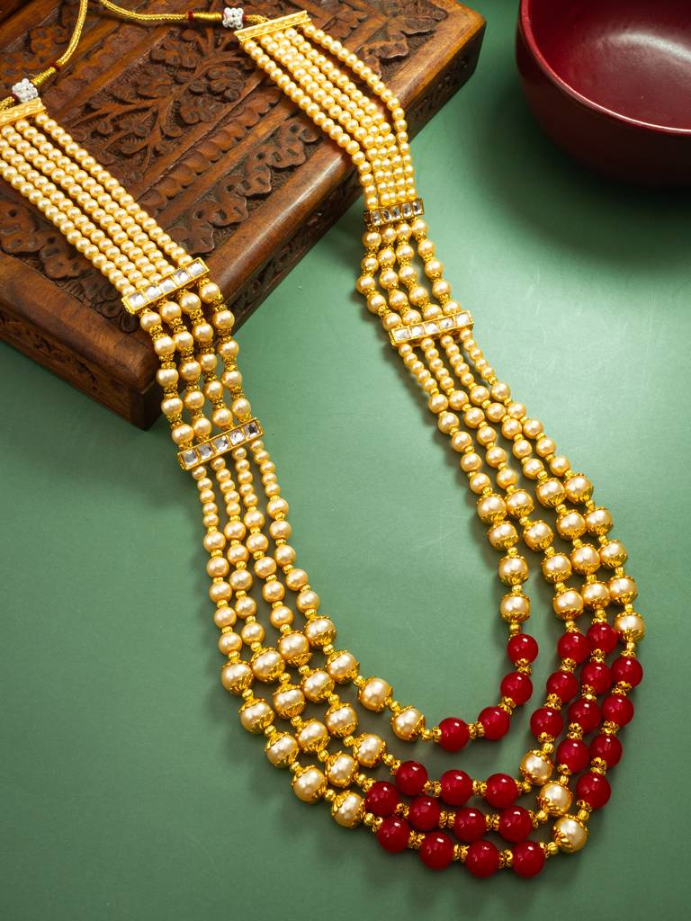 Five-Strand Pearl And Bead Kundan Long Necklace With Gold Caps : NK4357