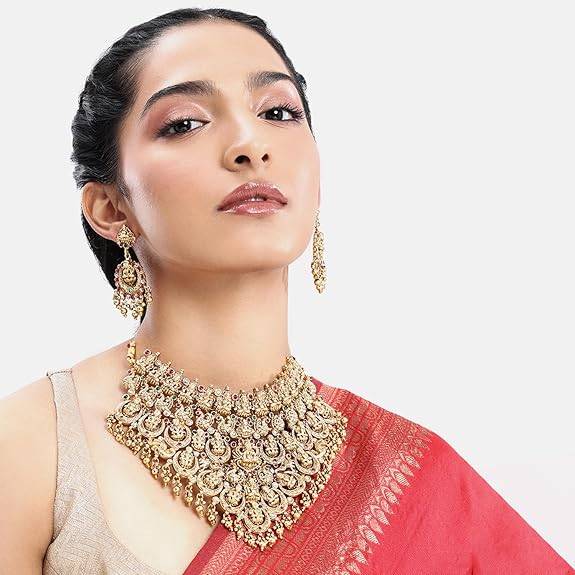 Ethnic Lakshmi Motif Necklace Dangle Earrings Set For Women & Girls Gold Plated Faux Emerald Ruby Traditional Tem : PF47N70RPG