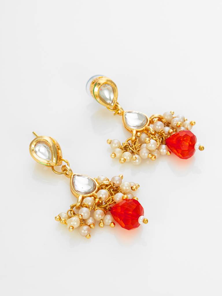 Gold Plated Multistrand Beaded Necklace Set With Kundan And Red Drop Stones : NK4705