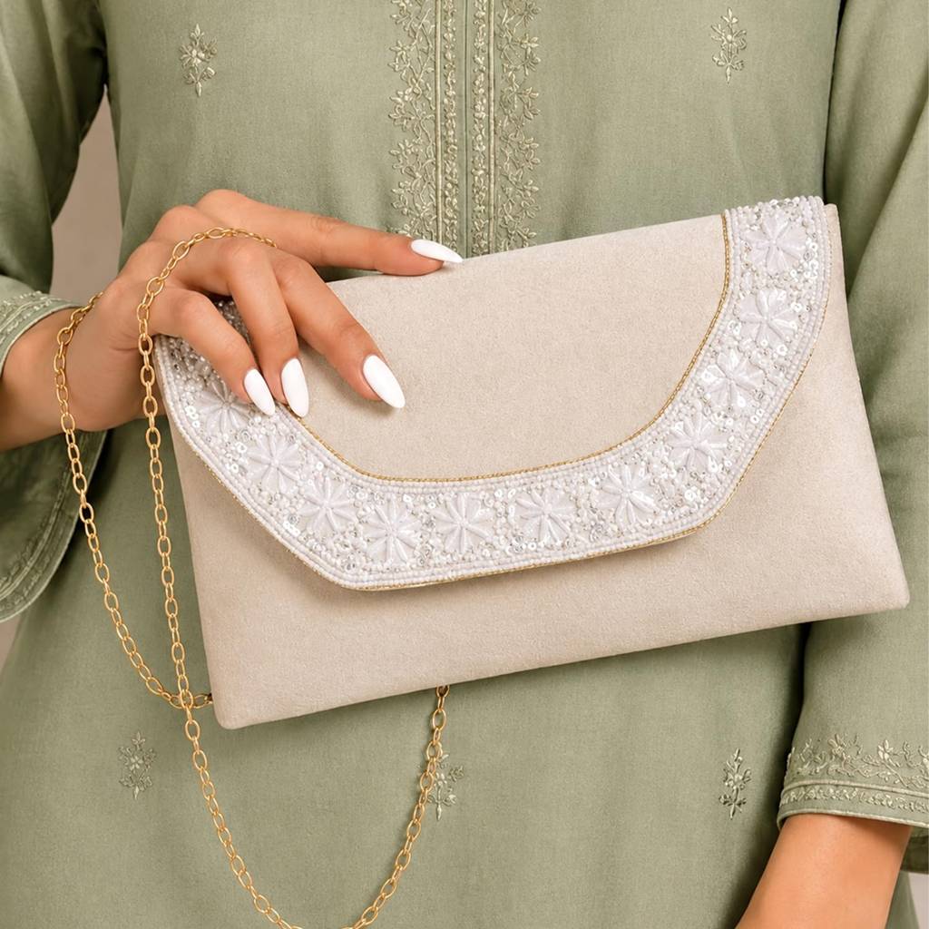 Velvet Sequin Beaded Clutch Bag For Women | Chain Strap | Embellished Wedding Festive Evening Purse : C190CRM