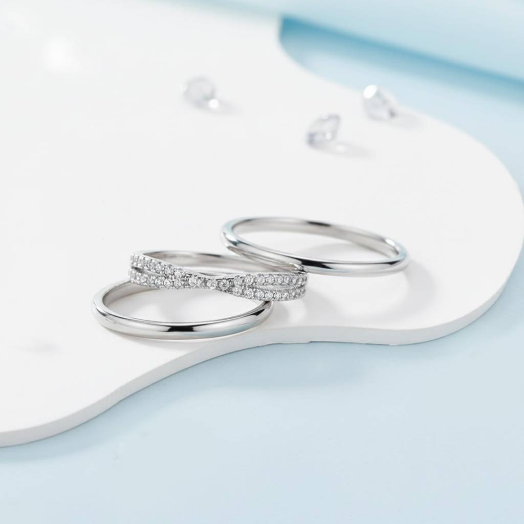 Silver Plated Cubic Zirconia Studded Set Of 3 Band Ring Contemporary Jewellery For Women (Us 7) : PX9R2028S-7