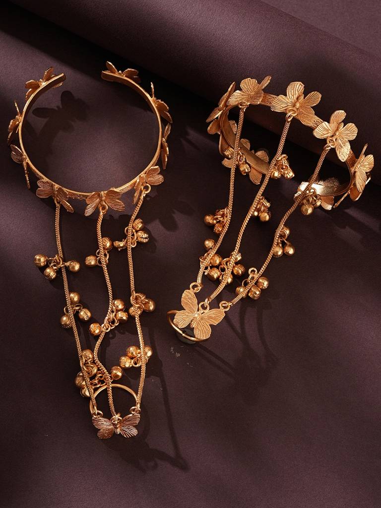 Set Of 2 22K Gold Plated Kashmiri Ghungroo Butterfly Bracelet Hathphool : SJHP3001