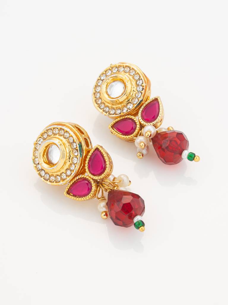 Red & Green Kundan Gold Plated Pearl Layered Necklace Set : NK4776
