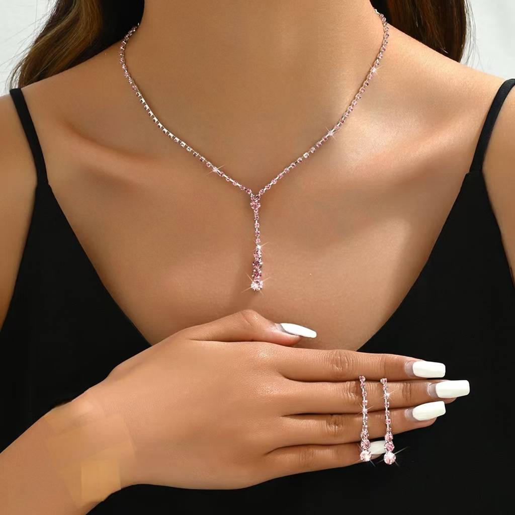 Silver Plated Pink Crystal Studded Necklace And Drop Earring Stylish Jewellery Set For Women & Girls : PX9N90