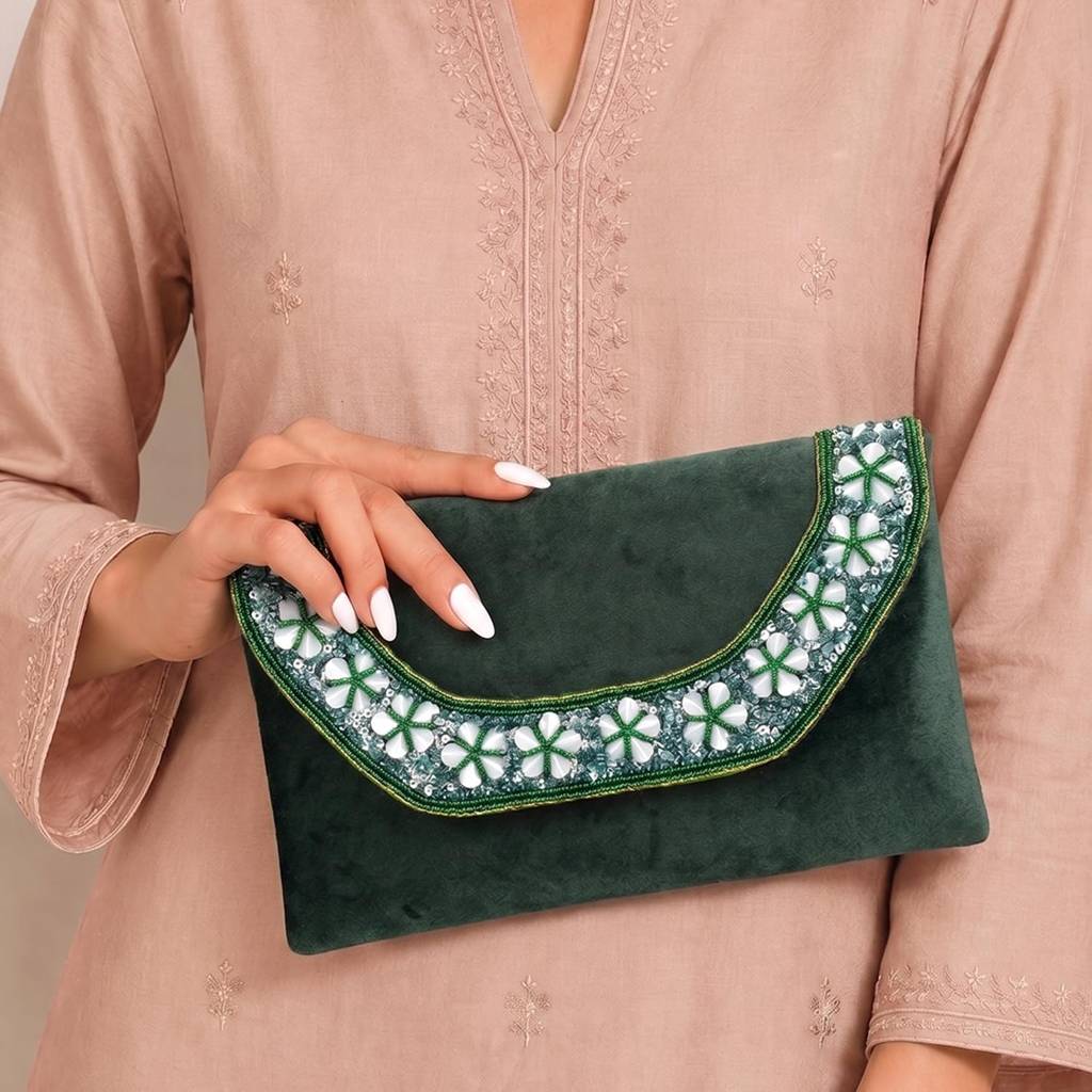 Velvet Sequin Beaded Clutch Bag For Women | Chain Strap | Embellished Wedding Festive Evening Purse : C190DG