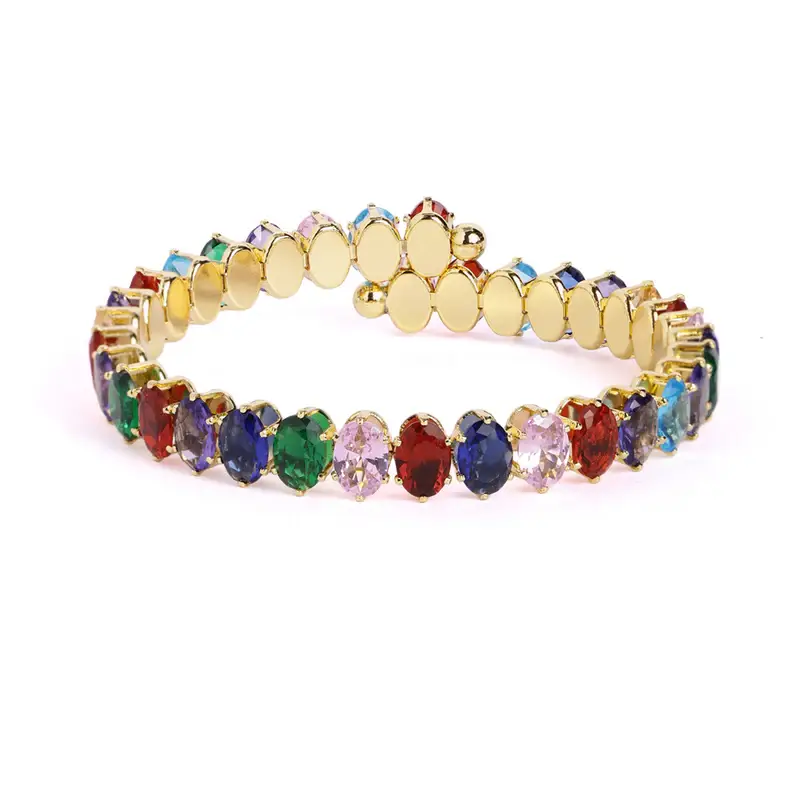 Gold Finish Multicolor Crystal Bracelet | Open Cuff | Adjustable Fit | Evening Glam : CNYH-008-IGBR-BR