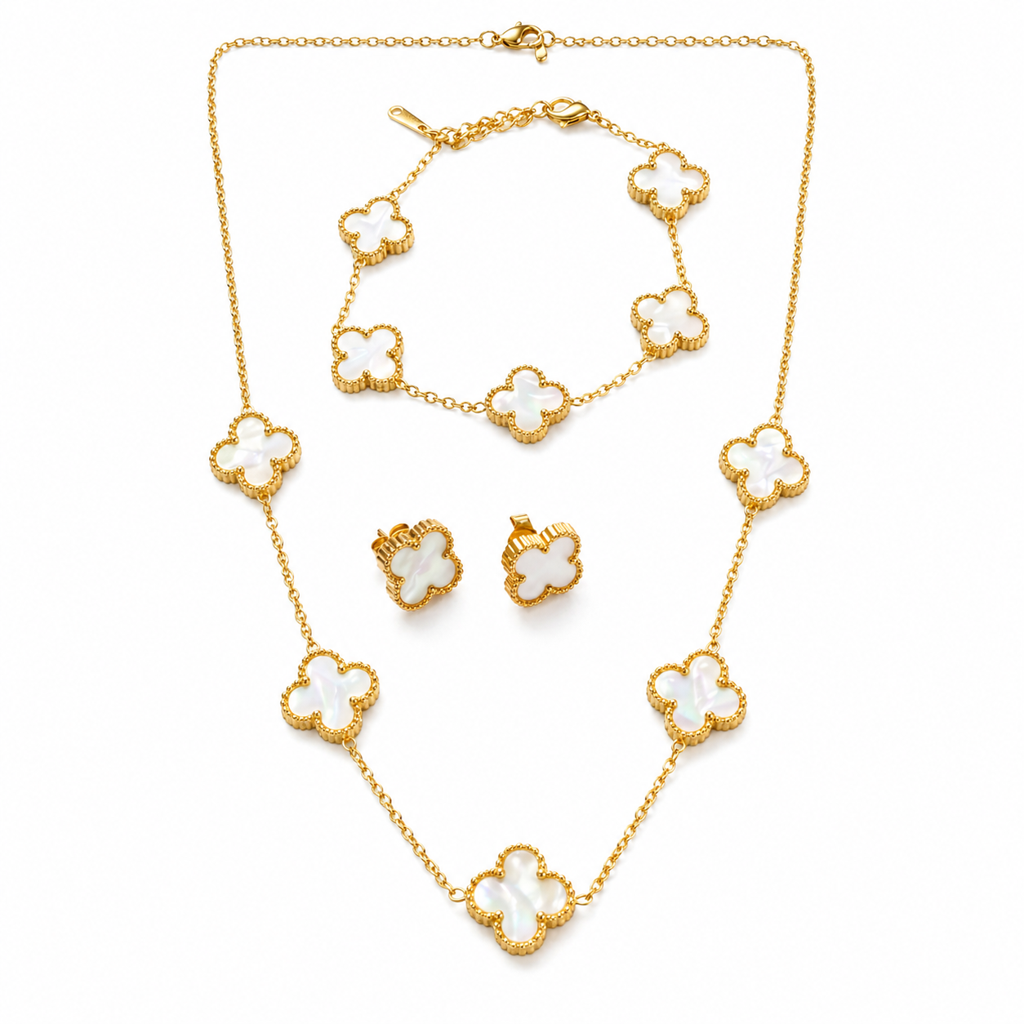 Gold Plated Clover Charm Necklace & Stud Earrings Set : STNEC-1299-A8134