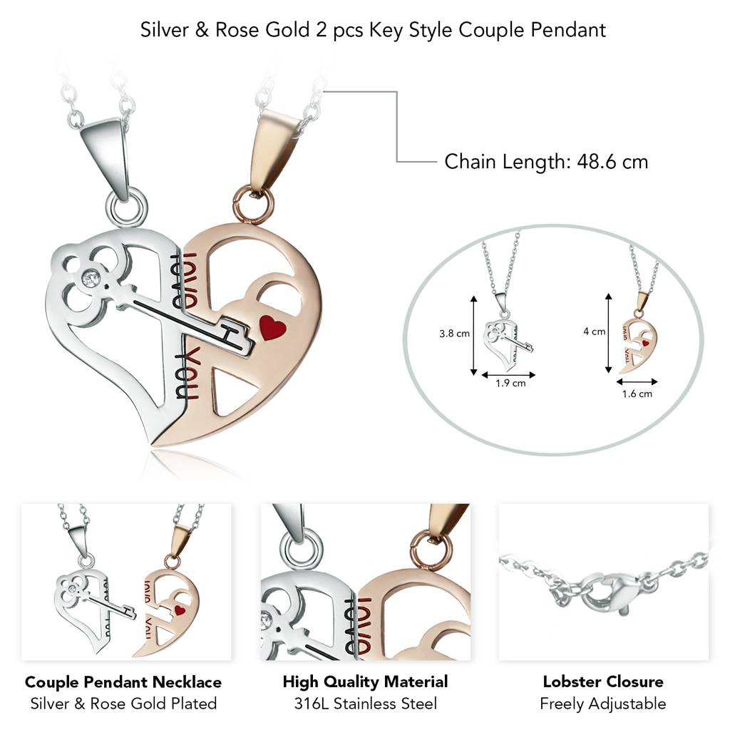 Silver & Rose Gold Plated I Love You Key Style Couple Pendant Chain Necklace For Men & Women : PFCCP18