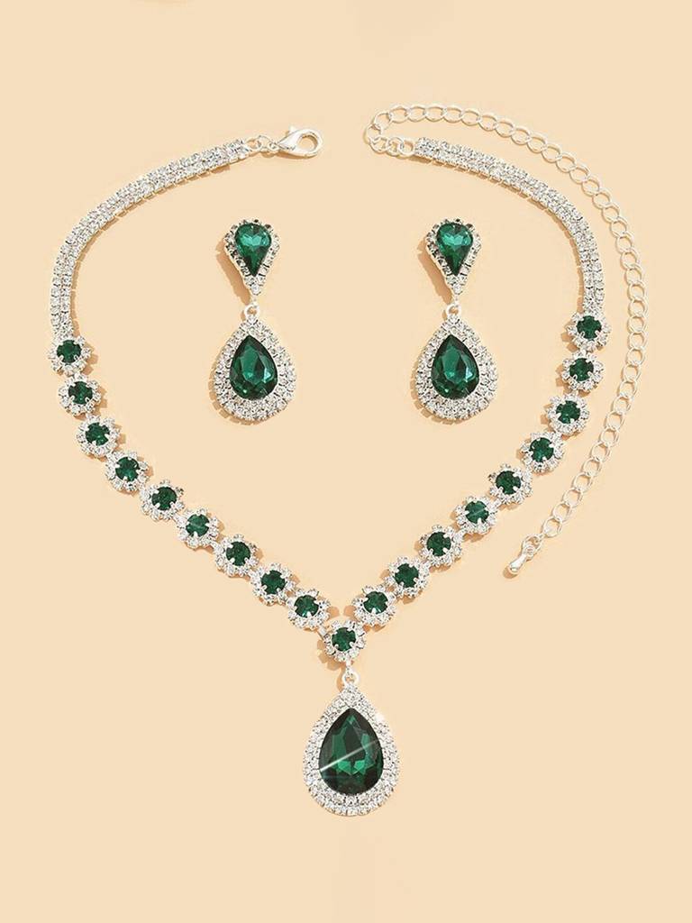 Peora Silver Plated Cubic Zirconia & Crystal Studded Teardrop Tassel Necklace With Drop Earrings Set Stylish Fash : PX9N144GRN