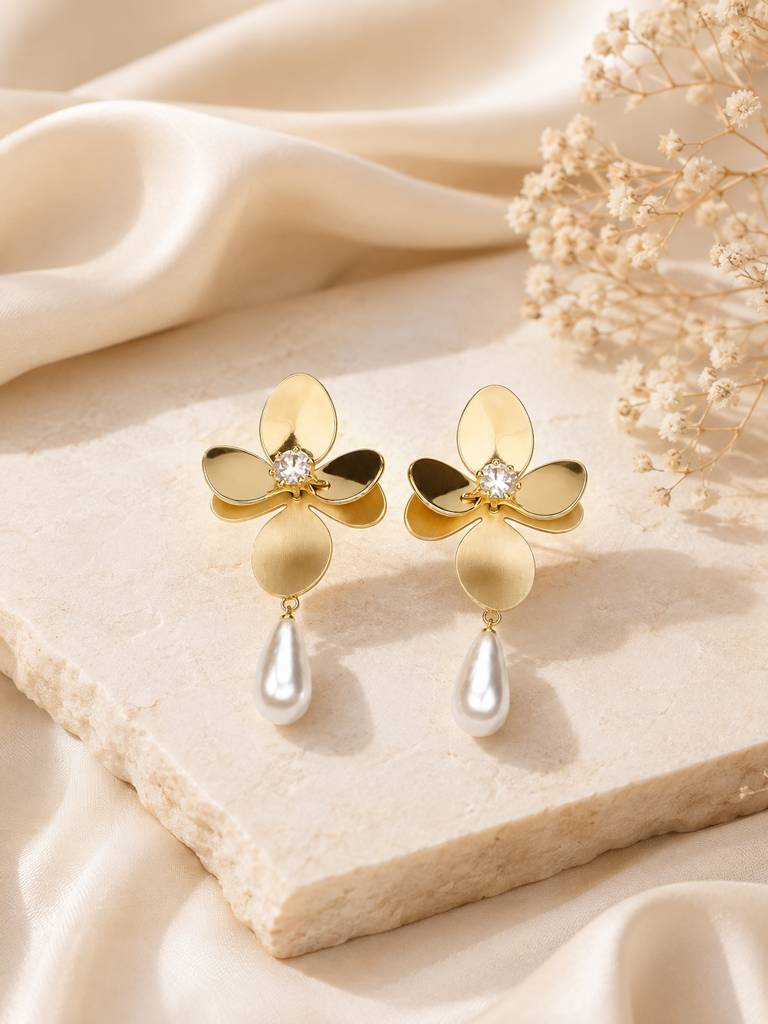 Pearl Drop Floral Gold Earrings : AN-LJ-G0-0071-DE