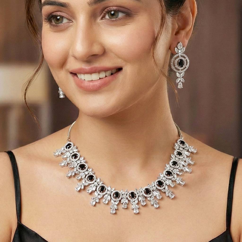 Silver-Tone American Diamond Necklace Set With Earrings For Women – Office, Party & Wedding Wear : 1717-K4SA-2242-BL-S
