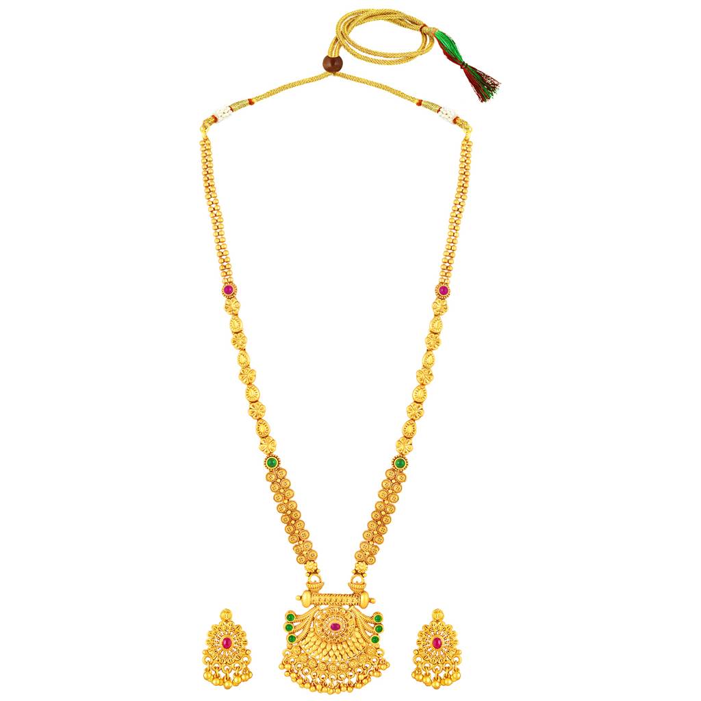 Ethnic Long Necklace Earrings For Women & Girls Gold Plated Faux Ruby Emerald Studded Festive Temple Jewellery Bi : PF04NK02RG