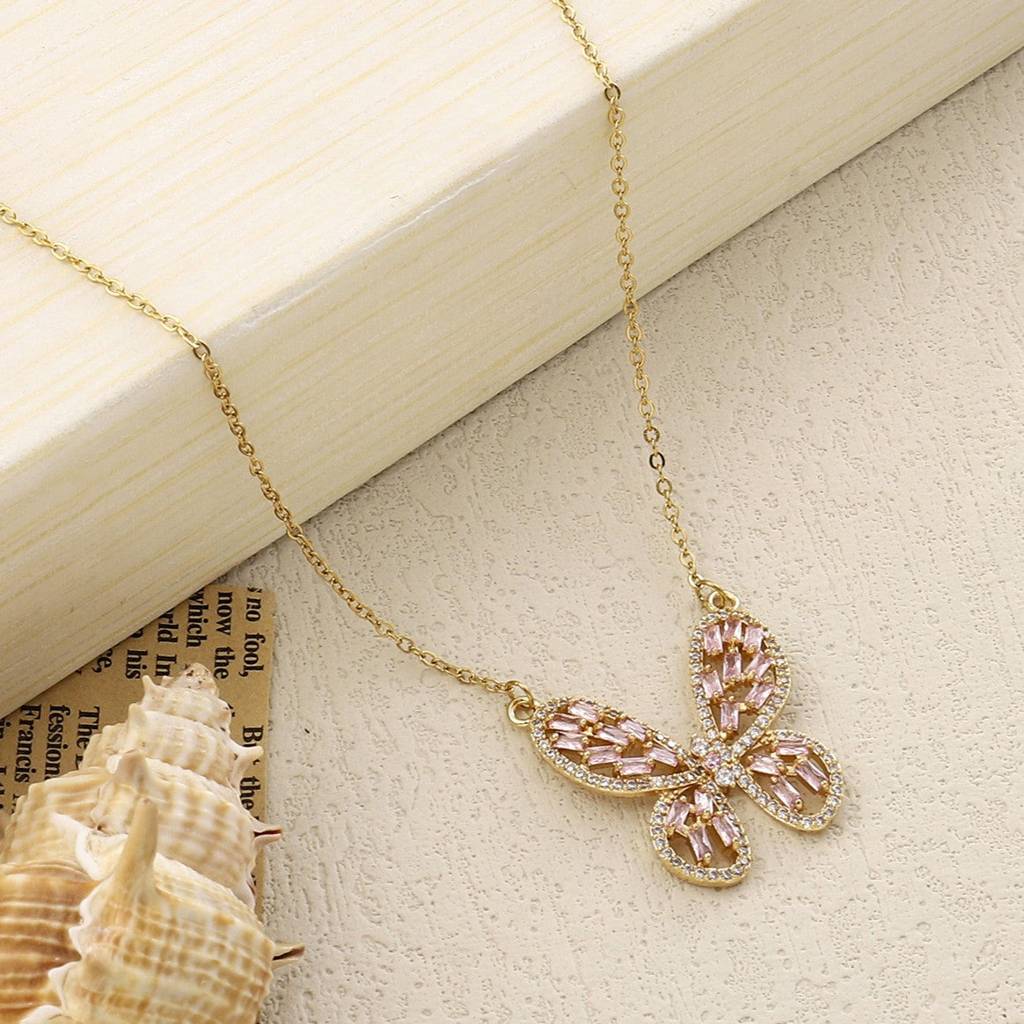 Irene Baguette Gold Butterfly Necklace : NS13791-G-PNK