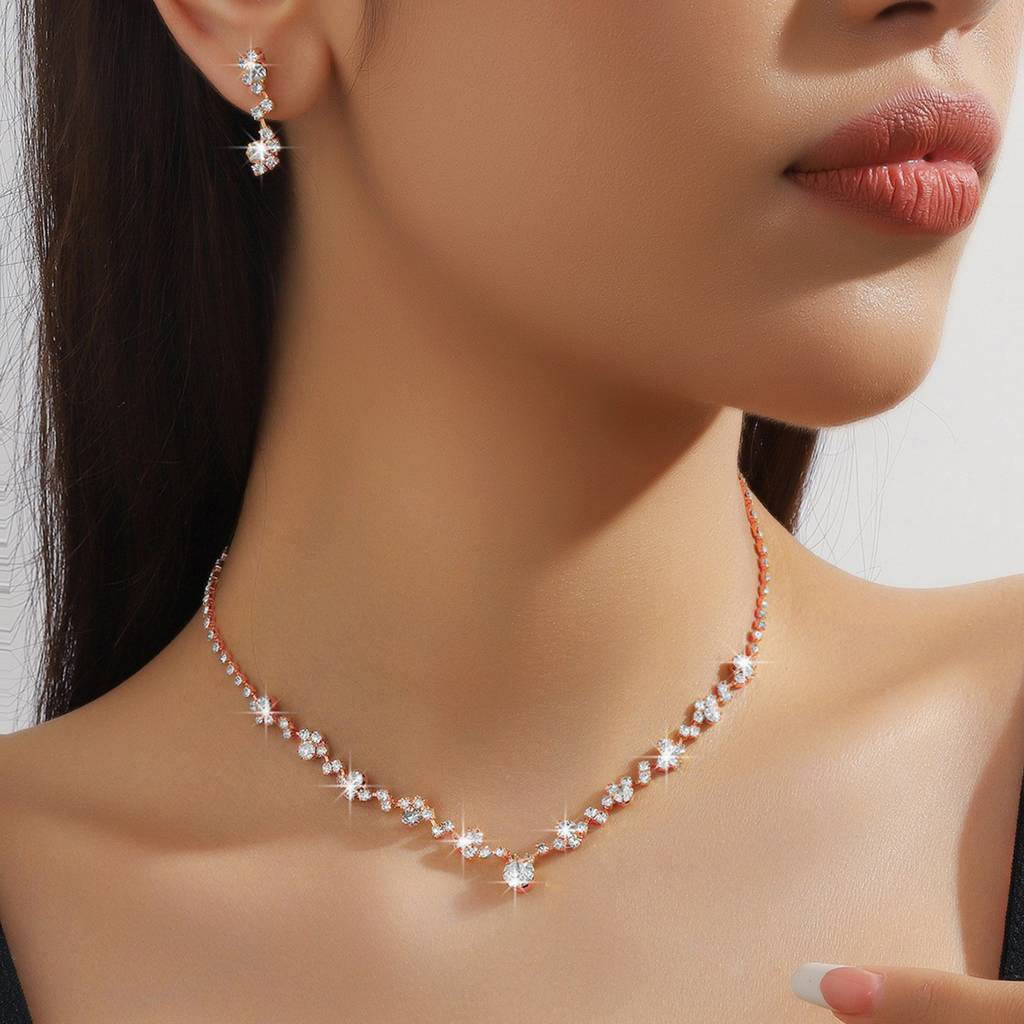 Silver Plated Crystal Studded Necklace With Drop Earrings Stylish Fashion Jewellery For Women & Girls : PX9N140C