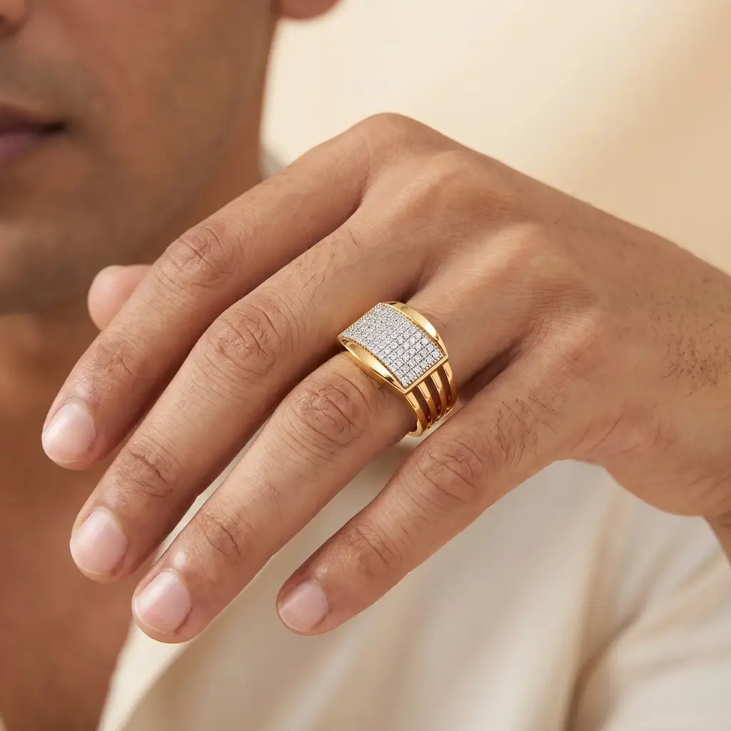 Round Brilliant Diamond Men'S Ring | Pavé Cluster Top Open Split Band Design : ZA-RN-4196-YE-Silver925-LabD-9