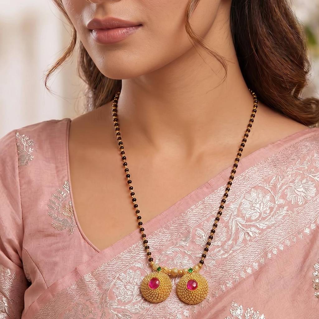 Gold Plated Rani Pink Green Crystal Studded Mangalsutra For Women | Festive & Bridal Jewellery, Anniversary Birth : PF04MS06RP