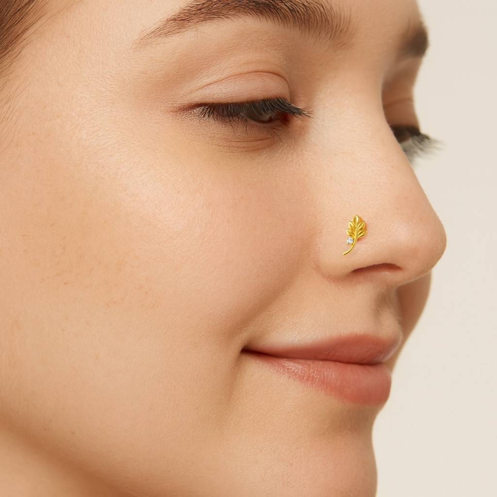 White Cz Leaf Motif Nose Pin 925 Sterling Silver Gold Plated : NP-0007-N-1-snp-0012