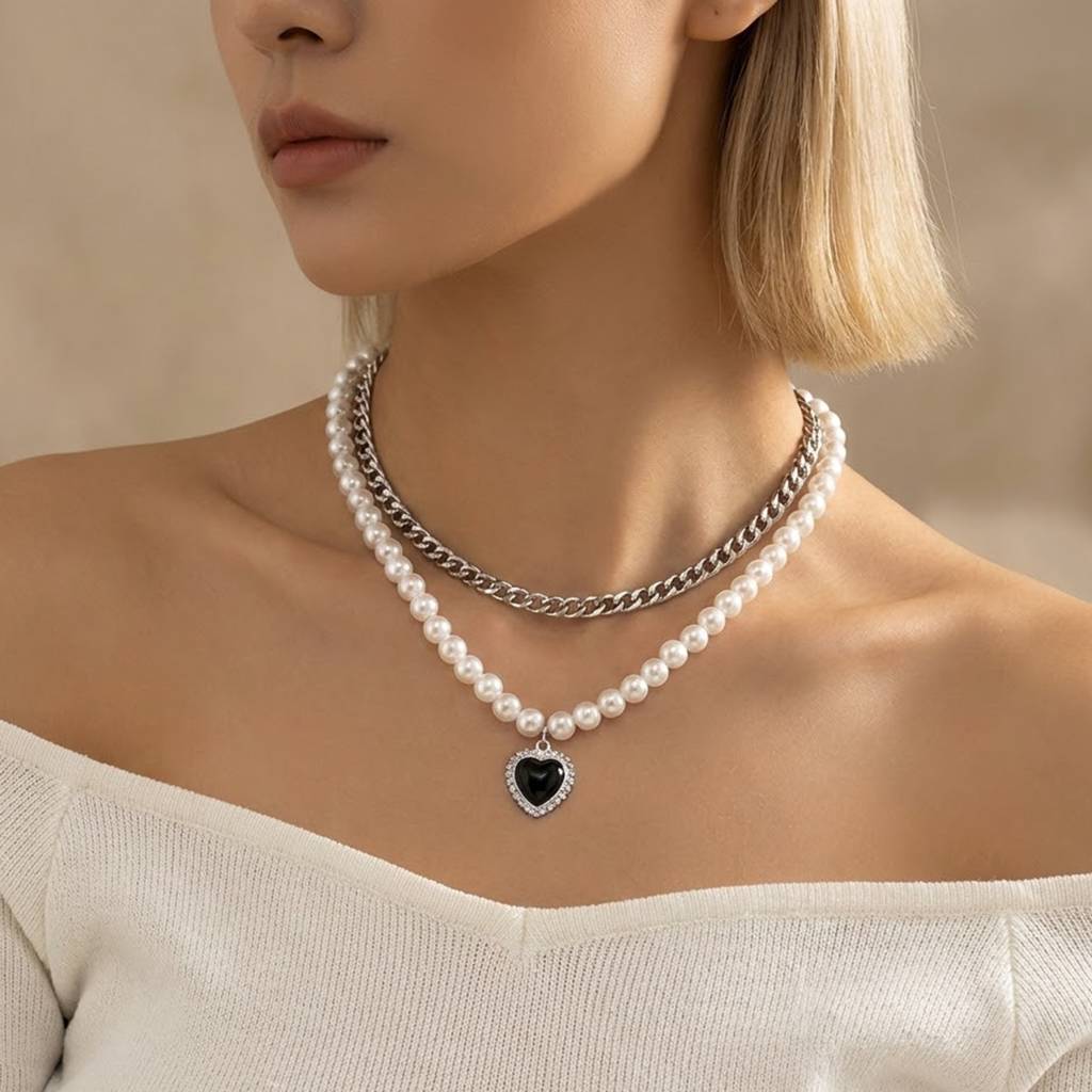 Pearl Studded Silver Plated Fancy Two Layer Pendant Chain Necklace Jewellery For Women & Girls : PX9N259BL