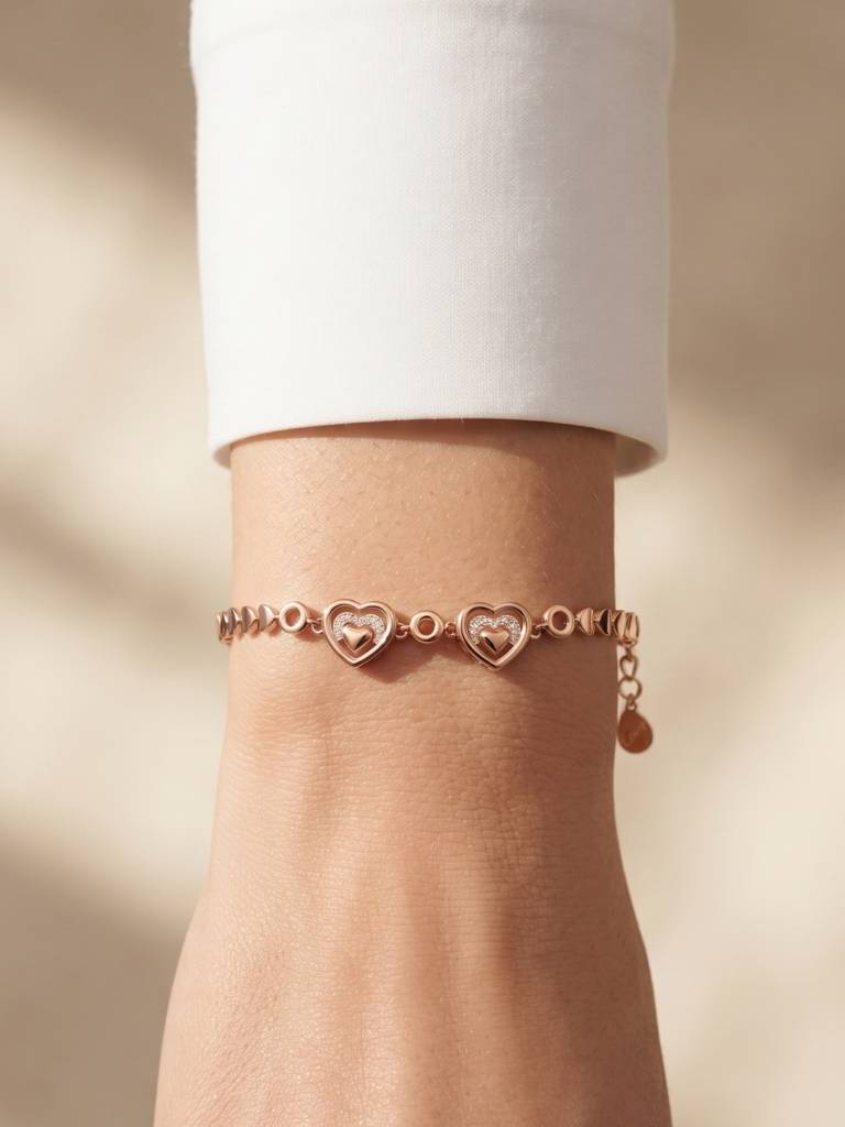 925 Silver Double Heart Crystal Bracelet For Women : BR-67