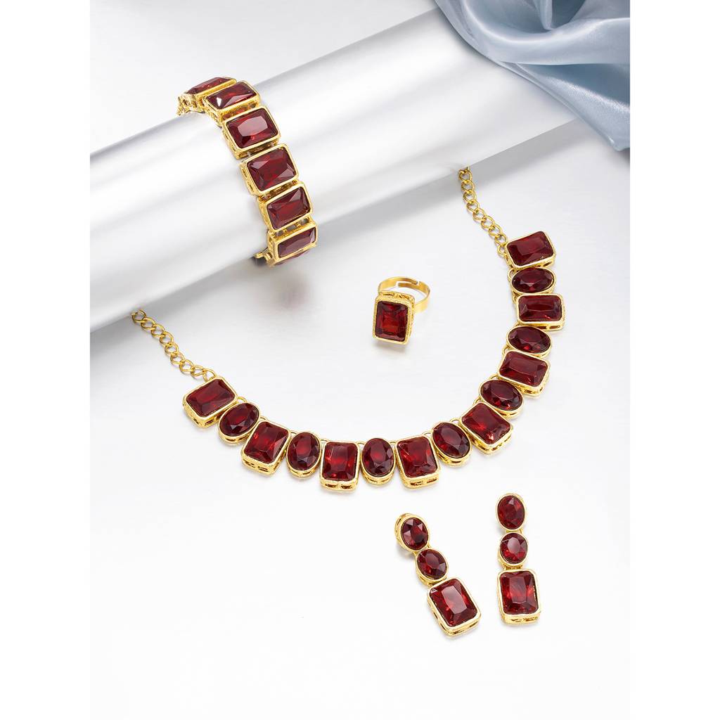 Peora Gold Plated Square Crystal Necklace With Drop Earrings Bracelet Finger Ring Indian Traditional Ethnic Jewelle : PF24N18M