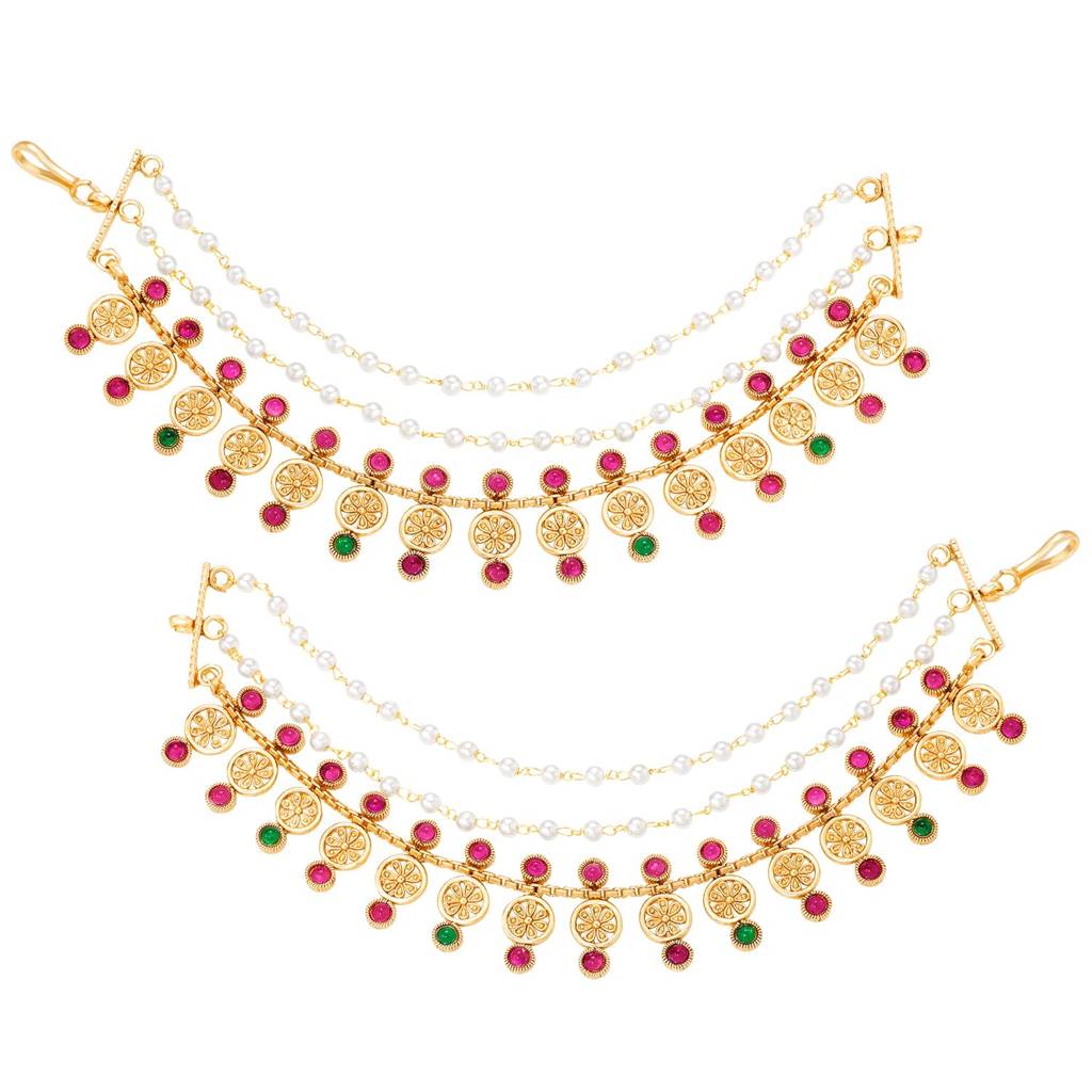 Rani Pink Green Gold Plated 3 Layer Earring Chain Jewellery For Women : PF109EC01RPG