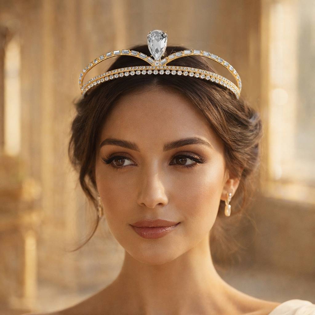 Cubic Zirconia & Crystals Studded Gold Plated Tiara Crown Head Accessories Fashion Jewellery For Women & Girls : PX9CW10G