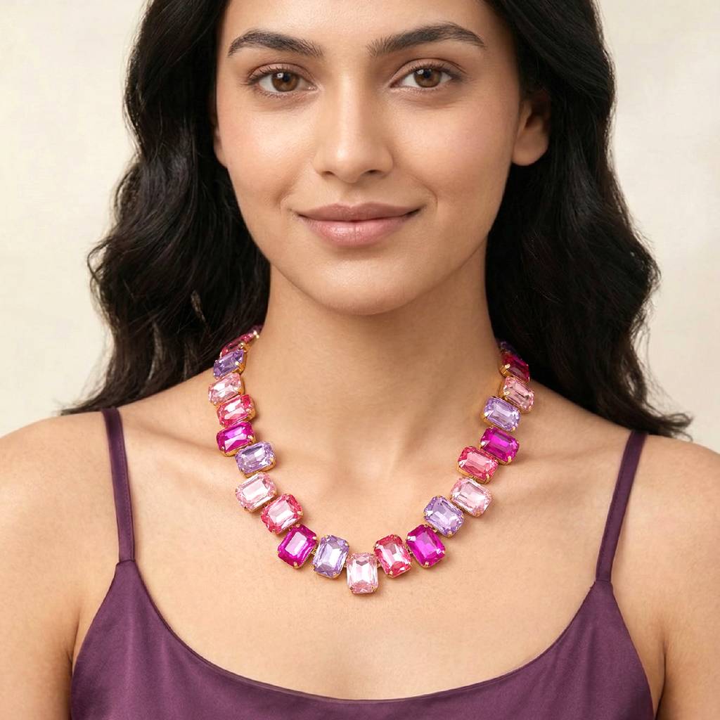 Rani Pink Purple Stones Stylish Necklace For Women & Girls | Gold Plated | Crystals Studded | Festive Contemporary : PX9N161RP