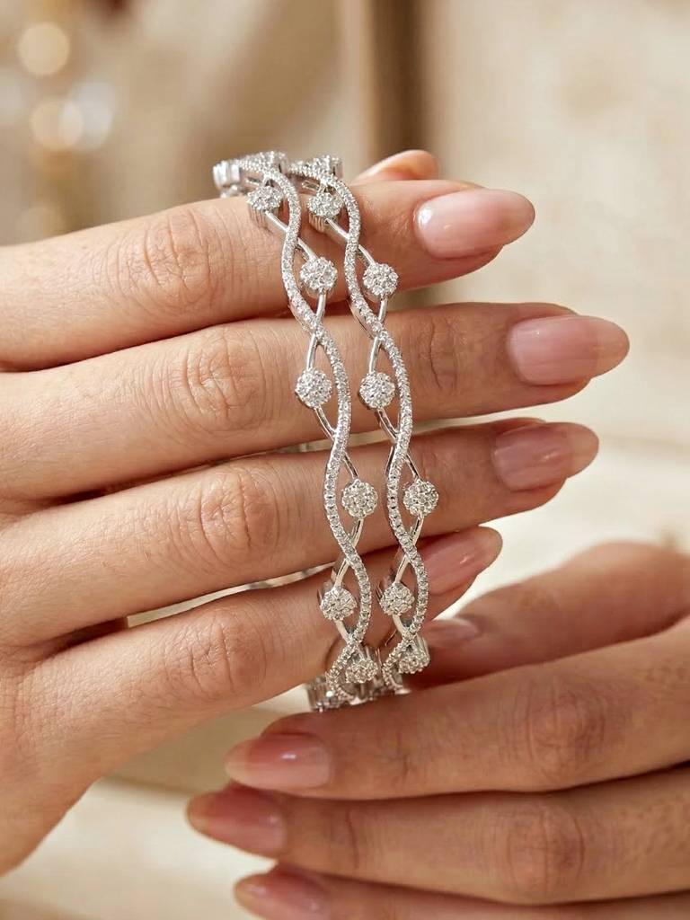Rhodium Plated Ad Designer Wave Pattern Bangle For Women | Elegant Diamond Look Party Wear Kada Jewellery : 1229-C1BG-2217-2-24