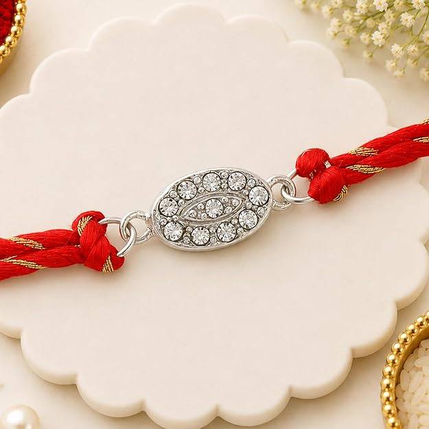 Rhodium Plated Designer Rakhi With Austrian Crystals And Fancy Silk Thread, Multicolour, One Size : 188-IG-RAKHI