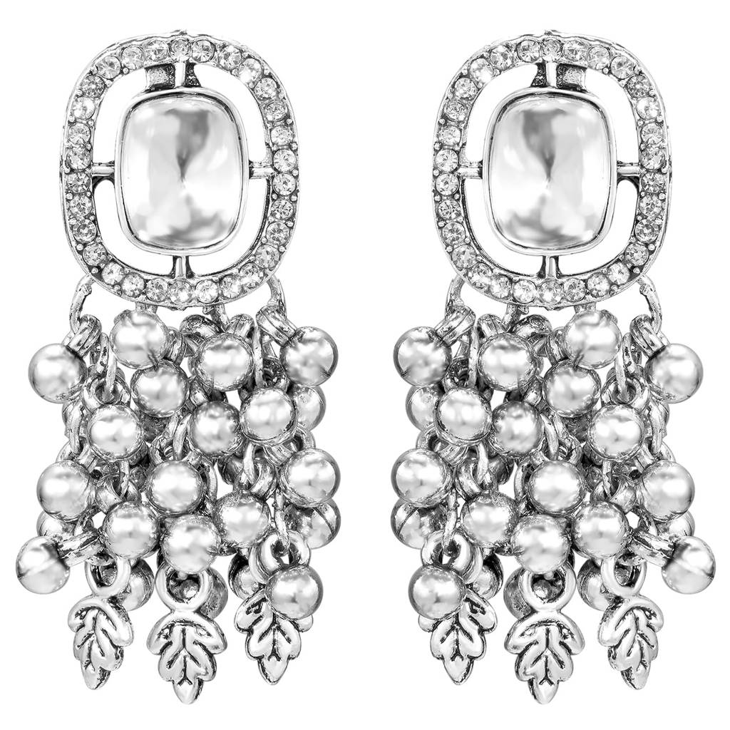 Oxidised Silver Plated Crystals Studded Dangler Earrings For Women : PF09E102OX