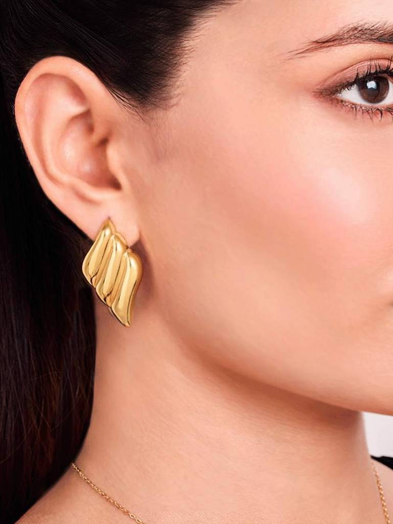 18K Gold Plated Sculpted Wing Earrings Stainless Steel Waterproof & Anti-Tarnish : E33ASSS0G