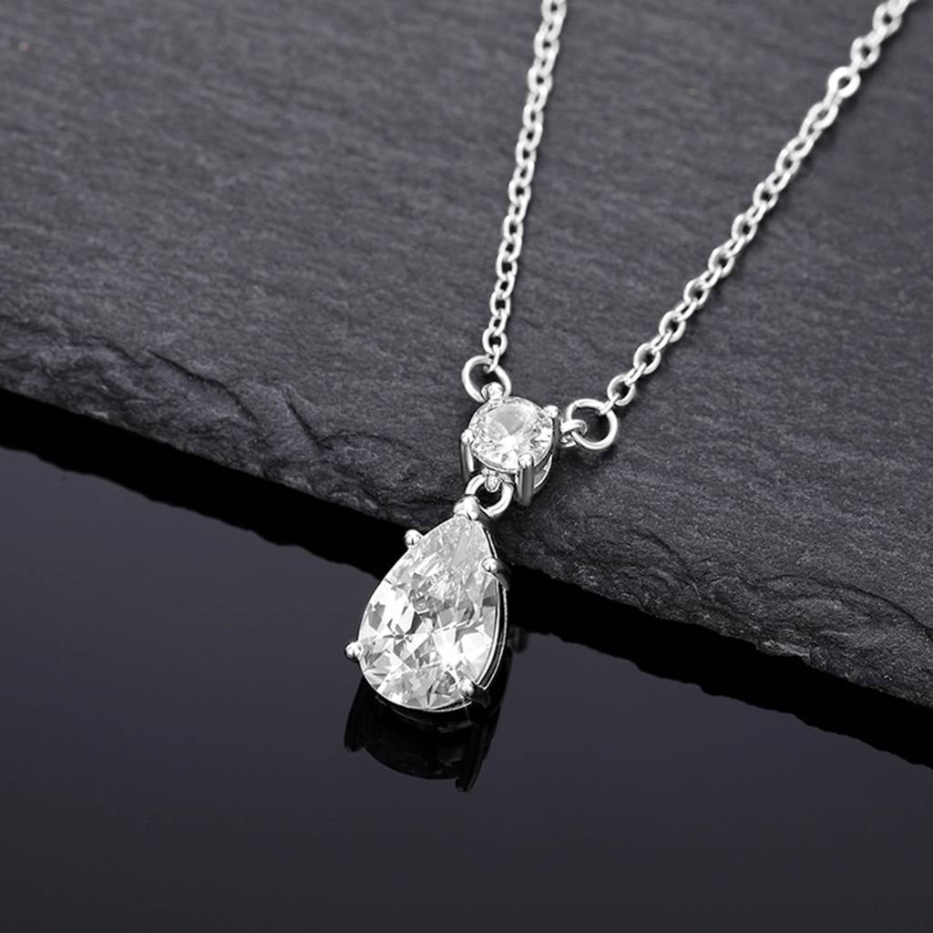 Silver Plated Crystal Studded Tear Drop Shape Pendant Chain With Drop Earring Set Fashion Jewellery For Women & Girls : PX9P72S