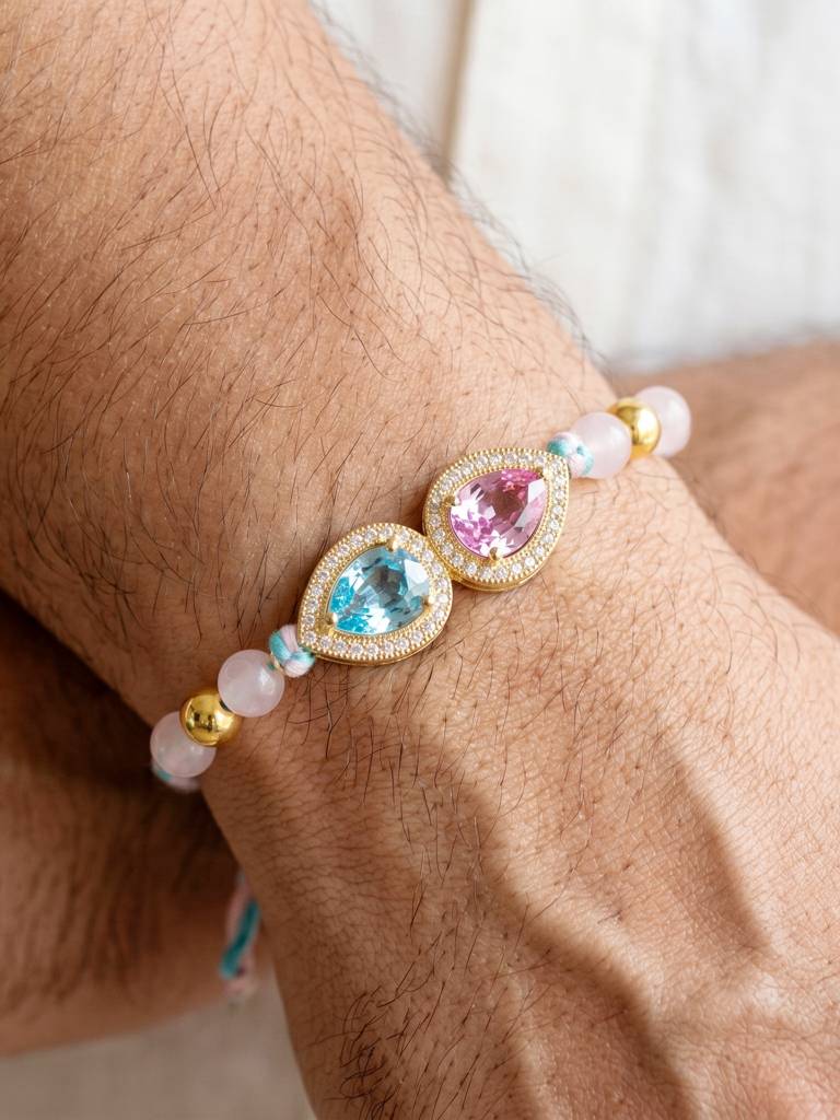 Rakhi For Brother With Blue & Pink Drop Ad Pendant, Smooth Pastel Beads,Roli Chawal & Card (176-Chr : 176-CHR1-1279-PKF-1-2026