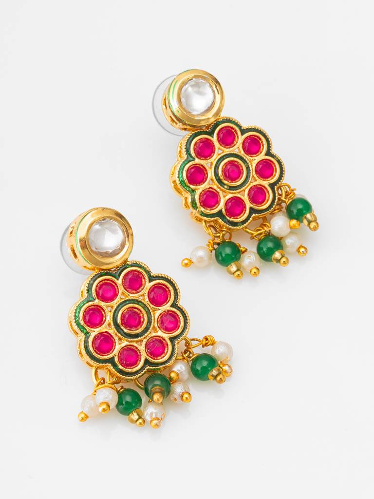 Green Bead Multi-Layer Choker With Pink Kundan Floral Centerpiece : NK4673
