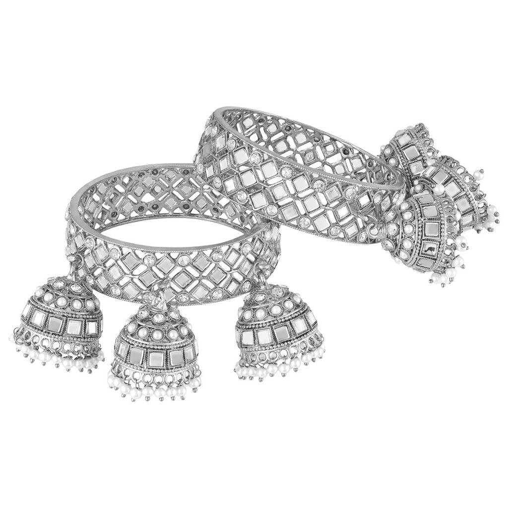 Silver Plated Crystals & Beads Studded Ethnic Latkan Bangles Jewellery For Women (Size - 2.8 Inch) : PF106B04S-S2-8