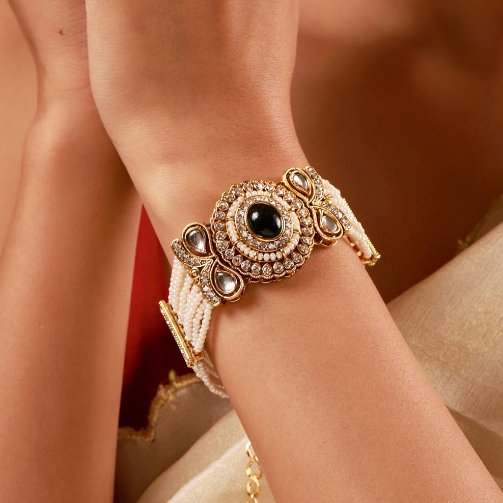Kundan Opulance Green Oval Cz-Pearl Beaded Yellow Gold-Plated Bracelet : 8905124585483