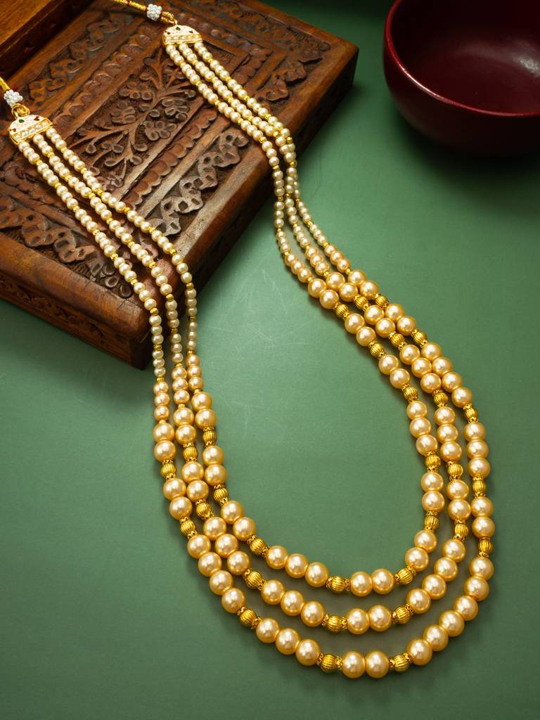Four-Strand Graduated Golden Pearl And Gold Bead Long Necklace : NK4356