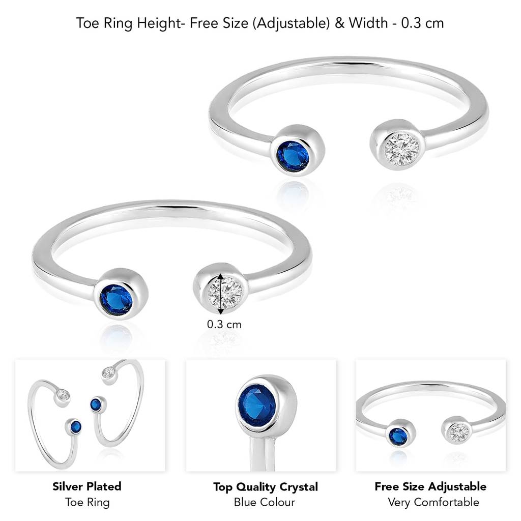 Blue Cubic Zirconia Studded 925 Sterling Silver Adjustable Toe Ring Rhodium Plated Stylish Comfortable Bichiya Gi : PF18TR17SB