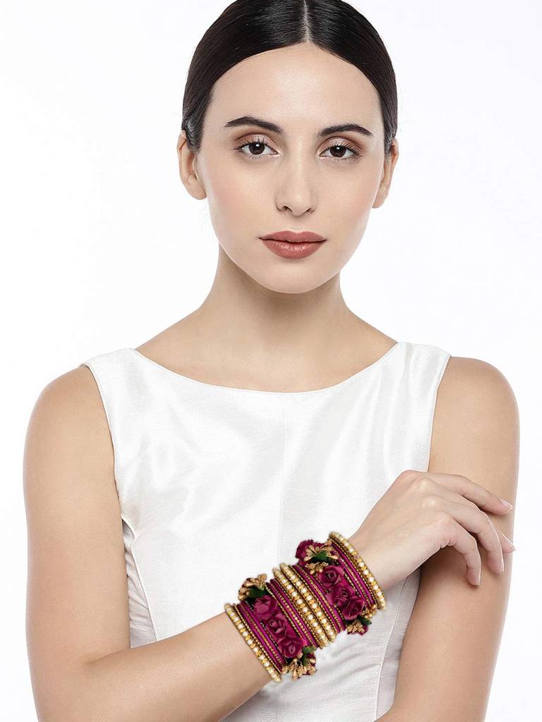 Golden Rose Flowers Decorative Bangle Set Bridal Chuda Indian Ethnic Jewellery For Women : PF51B22RP