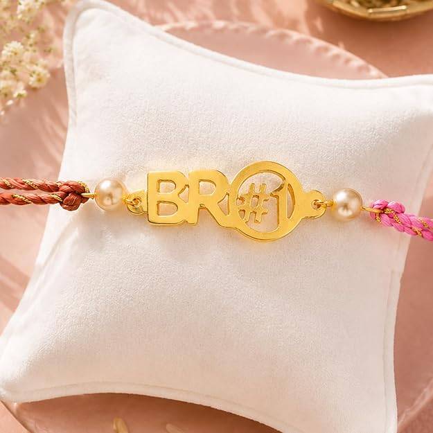 Gold Plated Bro#1 Rakhi With Pearls And Multi-Colored Silk Thread : 305-IG-RAKHI