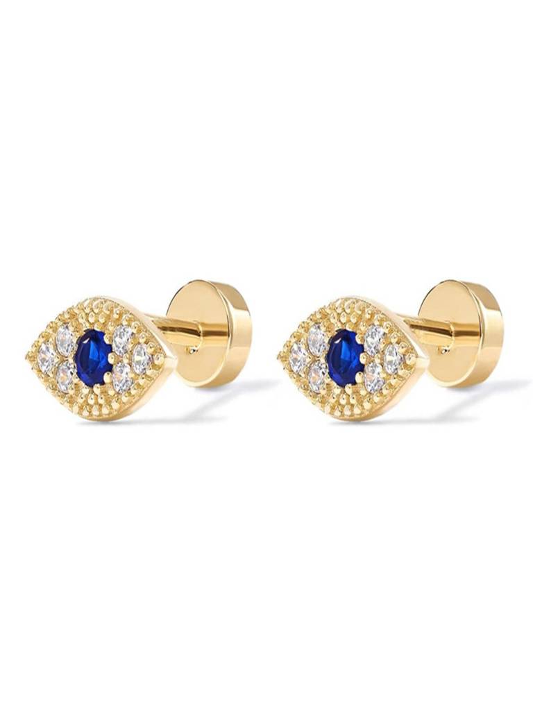14K Gold Plated Anti-Tarnish Zircon Evil Eye Flat Back Stud Earrings : AXY0326E1071