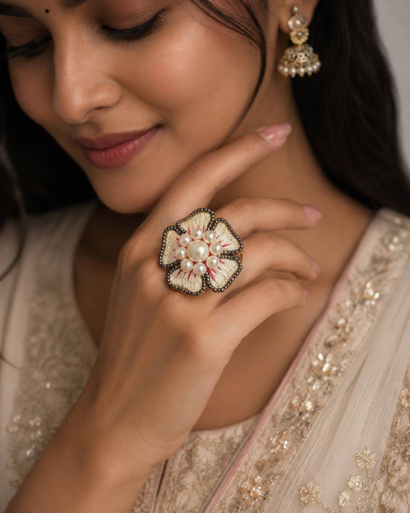 Moti Resham Flower Ring (White) : ABFR26