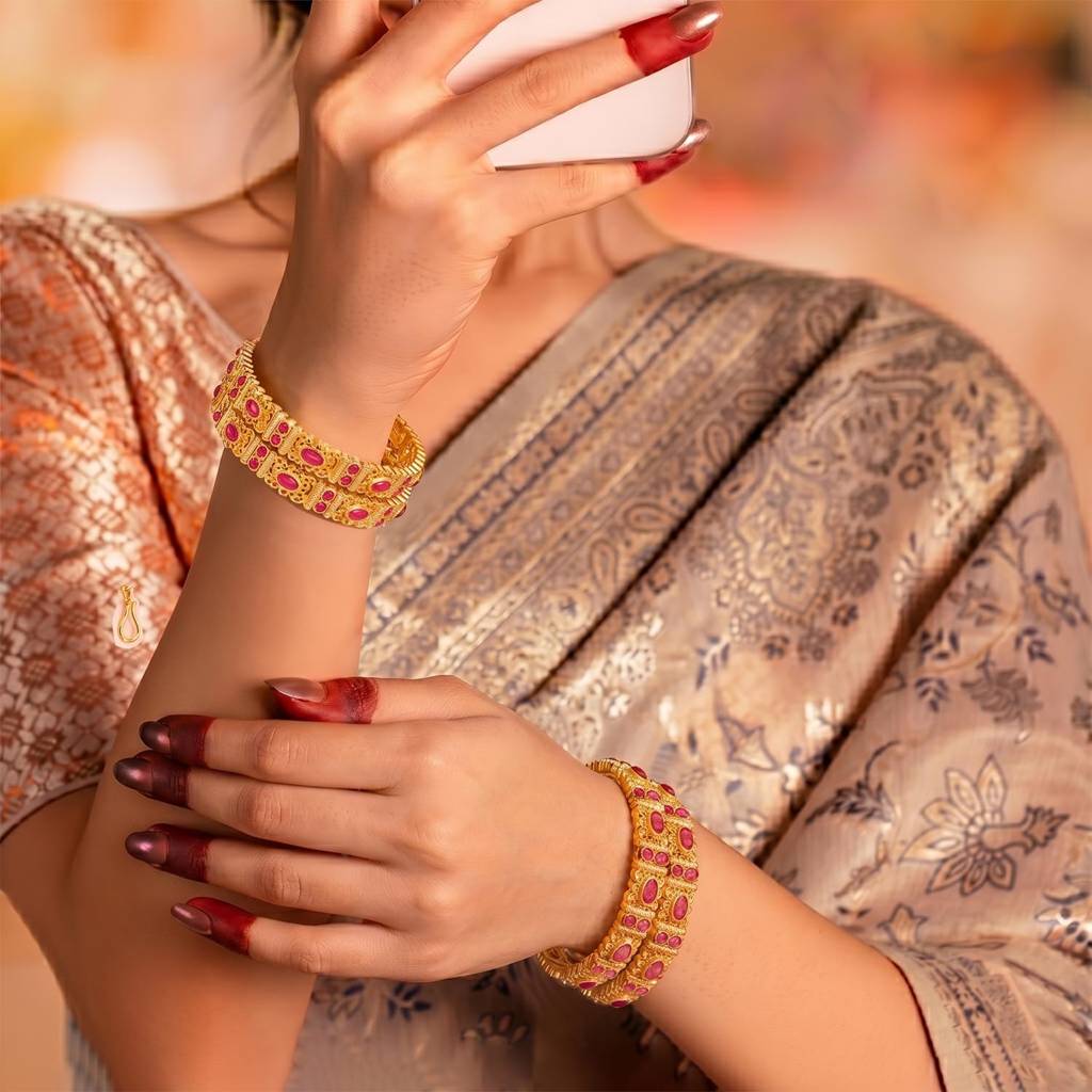 Ethnic Gold Plated Rani Pink Crystals Studded Bangles For Women | Faux Ruby Studded Chuda, Set Of 4, Size 2. : PF106B06RP-S4-8