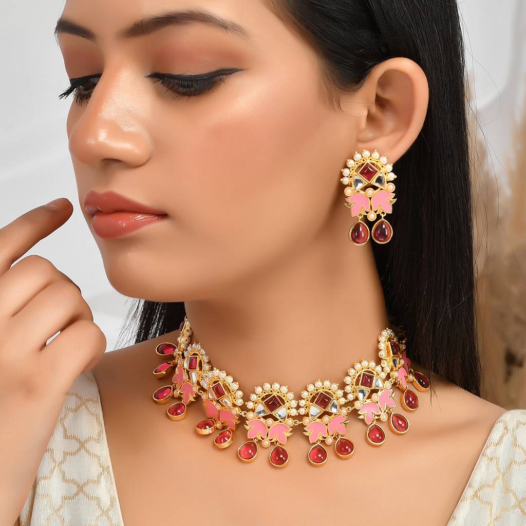 Forever More Tulips Enamelled White Pearls Jewellery Set : 8905124497861
