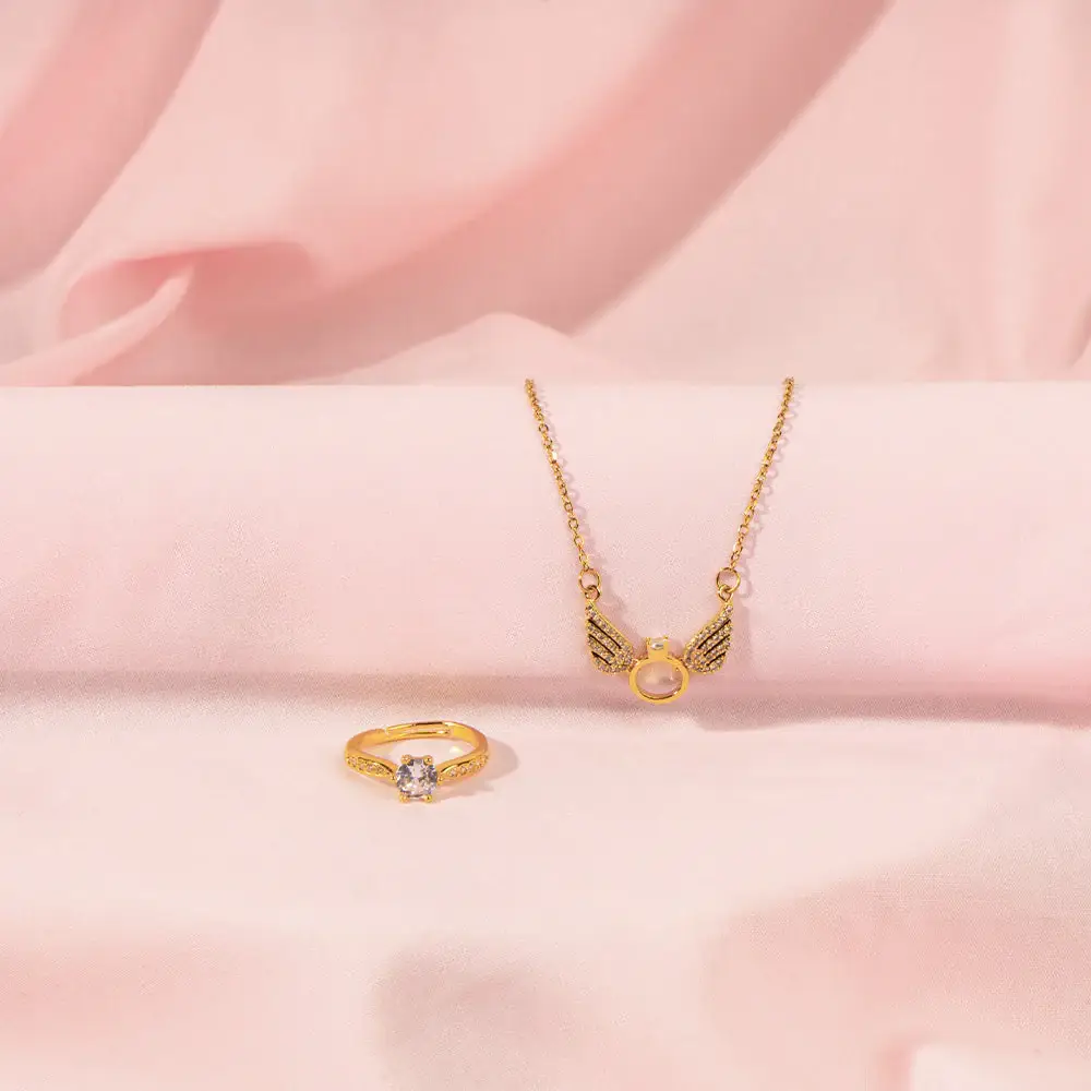Gold Angel Wings Necklace And  Gold Tone Ring Set For Mother : NRC-252-G-2